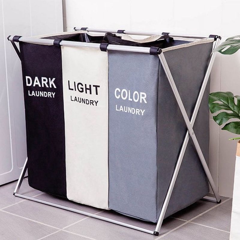 Photo 1 of 135L Laundry Cloth Hamper Sorter Basket Bag Bin Foldable 3 Sections with Aluminum Frame 24'' × 14'' x 23'' Washing Storage Dirty Clothes Bag for Bathroom Bedroom Home (White+Grey+Black)