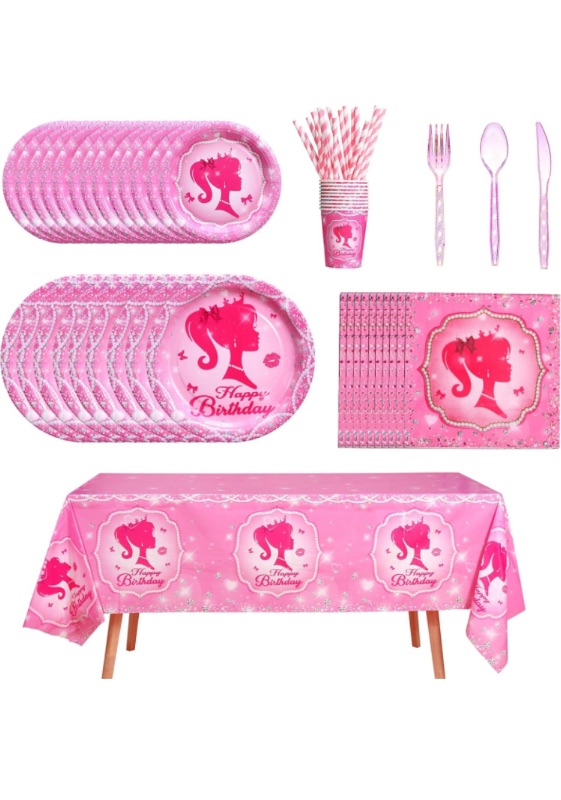 Photo 1 of 161CT Pink Girl Babe Happy Birthday Party Supplies Babe Head Paper Plates Cups Straw Napkins Spoon Fork knives Tablecloth Hot Pink Girl Party Decorations Tableware for 20 Guests for Bday Baby Shower https://a.co/d/4SpYfb7