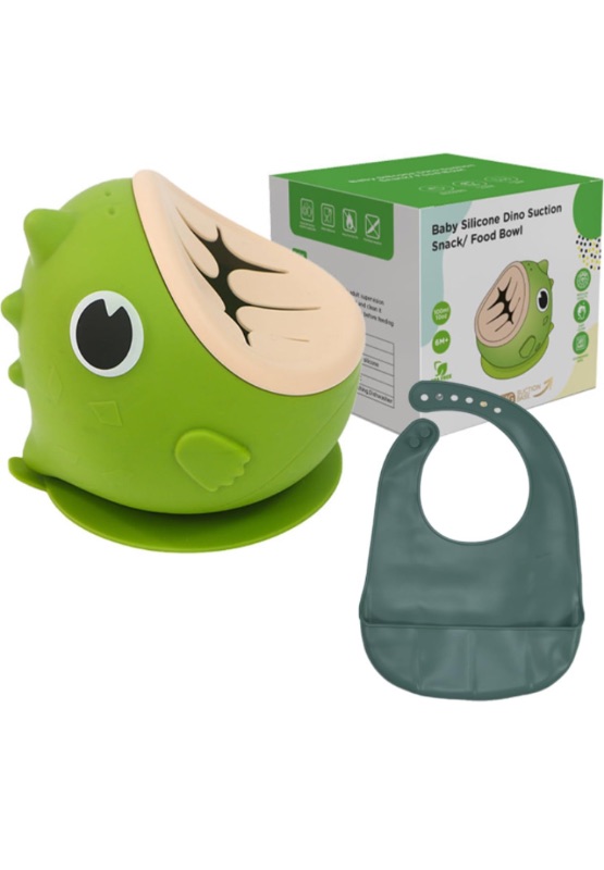 Photo 1 of Dormlony Dino Silicone Baby Snack Containers with Suction for Toddlers,Soft Safe BPA-Free Ppill Proof Snack Cups with Free Silicone Bibs,Green. https://a.co/d/3N1kbn7