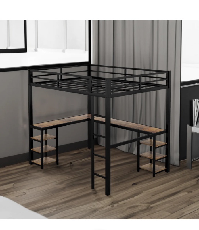 Photo 1 of Full Size Loft Bed with Desk and Storage Shelves, Heavy Duty Metal Loft Bed with L-Shaped Desk and Ladder, Full Size Loft Bed for Kids, Teens, Black Loft Bed Full Size https://a.co/d/3t2JiTO