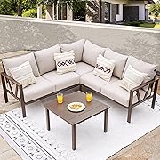 Photo 1 of Patio Furniture Set, 6 Pieces Outdoor Couch Sectional, L Shaped Patio Sofa, Metal Patio Couch Sectional with Side Table, Outdoor Seating Conversation Set, Beige
