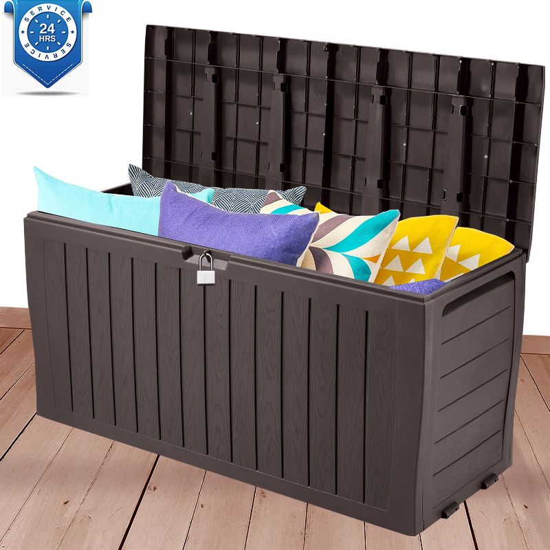 Photo 1 of Seizeen Deck Box for Outside, 75GAL Outdoor Storage Box w/Wheels & Padlock, All-weather Patio Storage Bench for Cushions Toys, Waterproof Resin Deck Box as Seat Max 250LBS, Espresso
