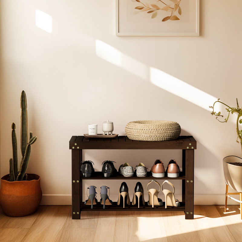 Photo 1 of 3 Tier Bamboo Shoe Bench Storage Rack Holds up to 300lbs, Shoe Organizer for Entryway Bedroom Living Room Balcony
