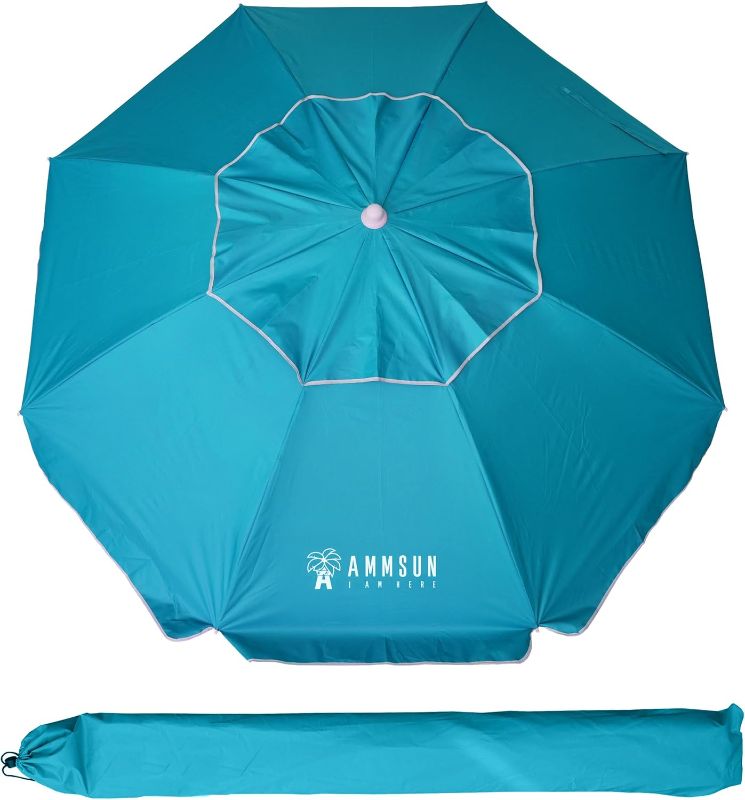 Photo 1 of AMMSUN 6.5 Foot Heavy Duty Beach Umbrella for Sand with tilt Air Vent Sun Shelter, UV 50+ Protection Outdoor Sunshade Umbrella with Carry Bag for Patio Garden Beach Pool Backyard Sky Blue

