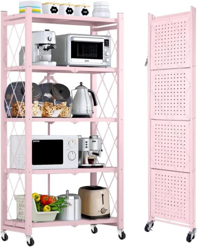 Photo 1 of 5-Tier Storage Shelving Unit, Heavy Duty Metal Shelf 27.9"x13.4"x62.5, Foldable Storage Shelf with Wheels, Garage Shelf, Kitchen Shelf with 4 Hooks, No Assemble Require (Pink)
