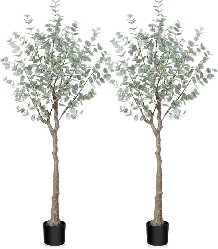 Photo 1 of 5ft Artificial Eucalyptus Tree, Fake Eucalyptus Tree with White Silver Dollar Leaves, Silk Faux Eucalyptus Tree with Plastic Nursery Pot, Artificial Plants for Home Office Indoor Decor,2 Pack
