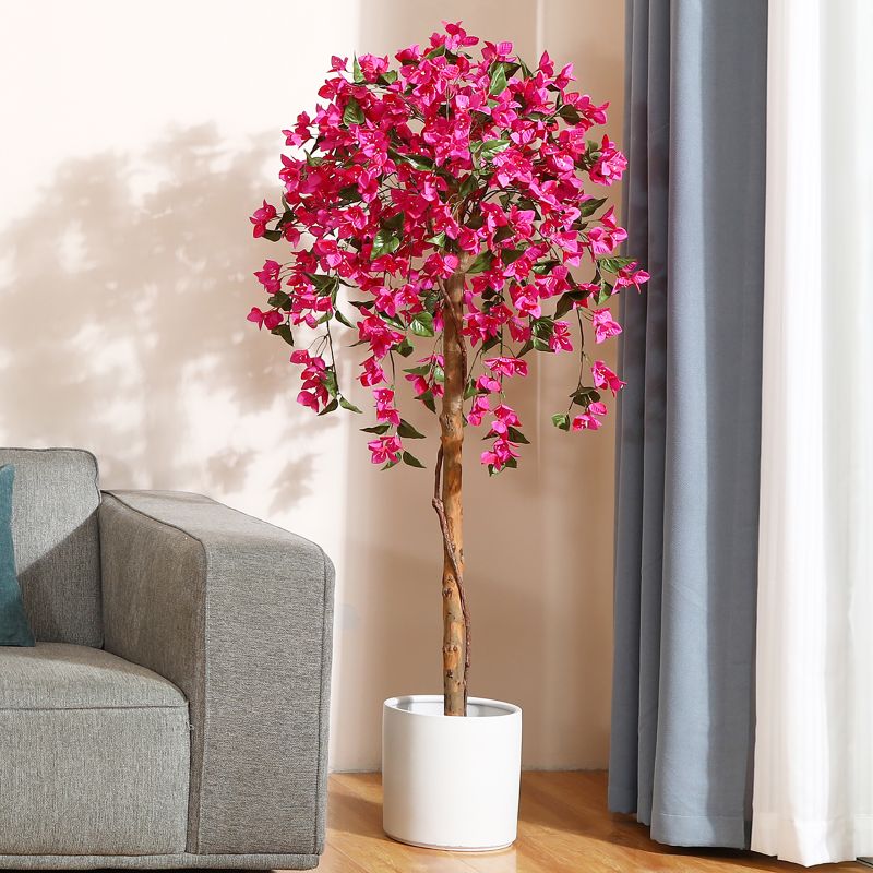 Photo 1 of 5FT Artificial Bougainvillea Flowers Tree with Wood Branches, Plant in Black Plastic Pot. DR.Planzen
