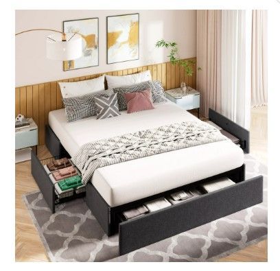 Photo 1 of ***SEE NOTES***Amolife Queen Size Upholstered Platform Bed Frame with 3 Storage Drawers and Wooden Slats, Dark Gray

