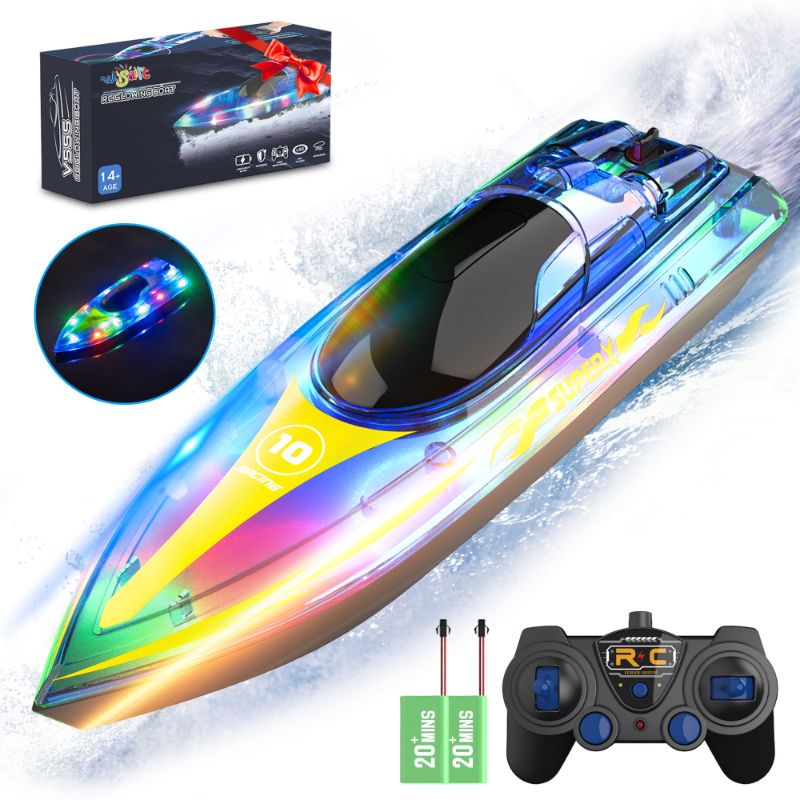 Photo 1 of Wisairt RC Boat, 15+Km/h Remote Control Boat with LED Lights for Pools and Lakes, 2.4GHz High Speed RC Boat with 2 Rechargeable Batteries, Perfect Summer Water Toys for Ages 10+ (Blue)
