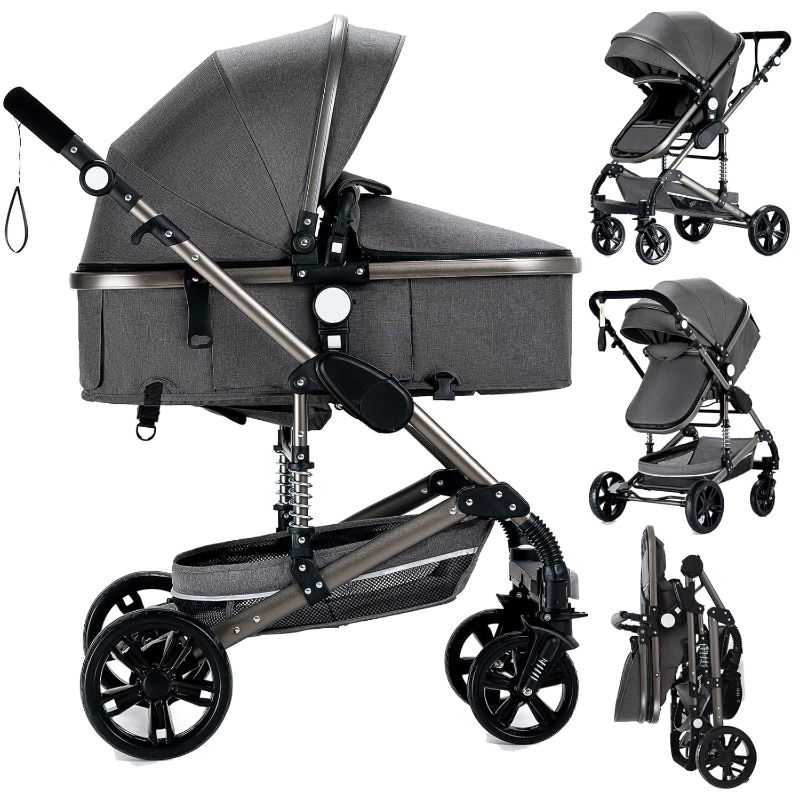 Photo 1 of 2 in 1 Baby Stroller with Bassinet Convertible Reversible Standard Baby Pram Portable Pushchair Infant Buggy Baby Carriage Foldable High Landscape Pram for Toddler Newborn (2USXR002-GREY)
