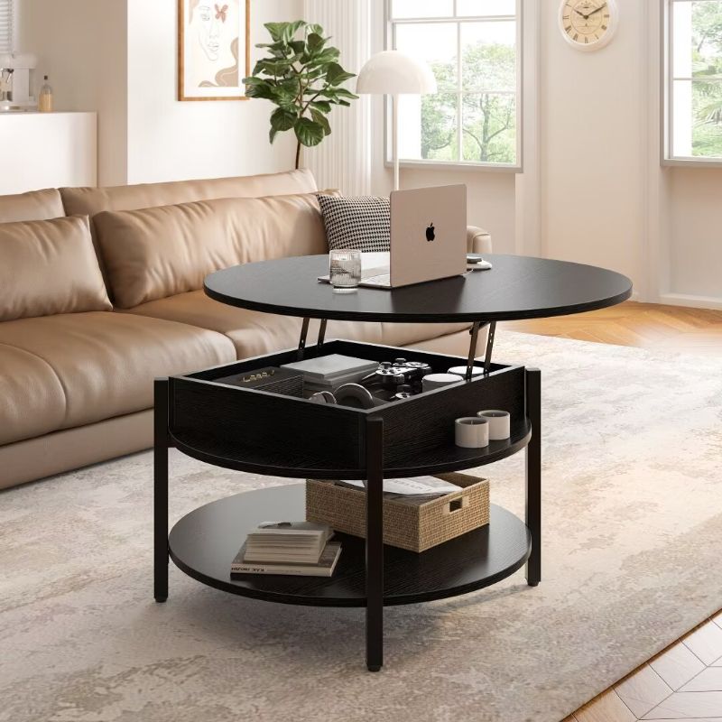 Photo 1 of GUNAITO Round Lift Top Coffee Table with Storage Farmhouse Circle Table with Hidden Compartment Large 2 Tier Modern Center Table for Living Room,Black
