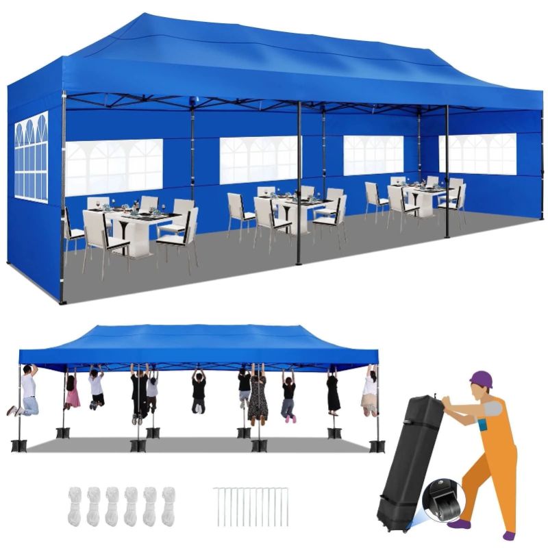 Photo 1 of HOTEEL 10'x30' Canopy Heavy Duty Pop Up Canopy Tent Outdoor Gazebo Shelter Waterproof Instant Commercial Tent with 8 Removable Sidewalls & 8 Sandbags & Roller Bag, Blue
