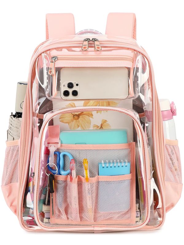 Photo 1 of JANABANG Clear Backpack Heavy Duty TPU Transparent Backpack Stadium Approved Large Waterproof Clear Book Bag Quick Security Check See Through Backpack with Reinforced Straps, Pink
