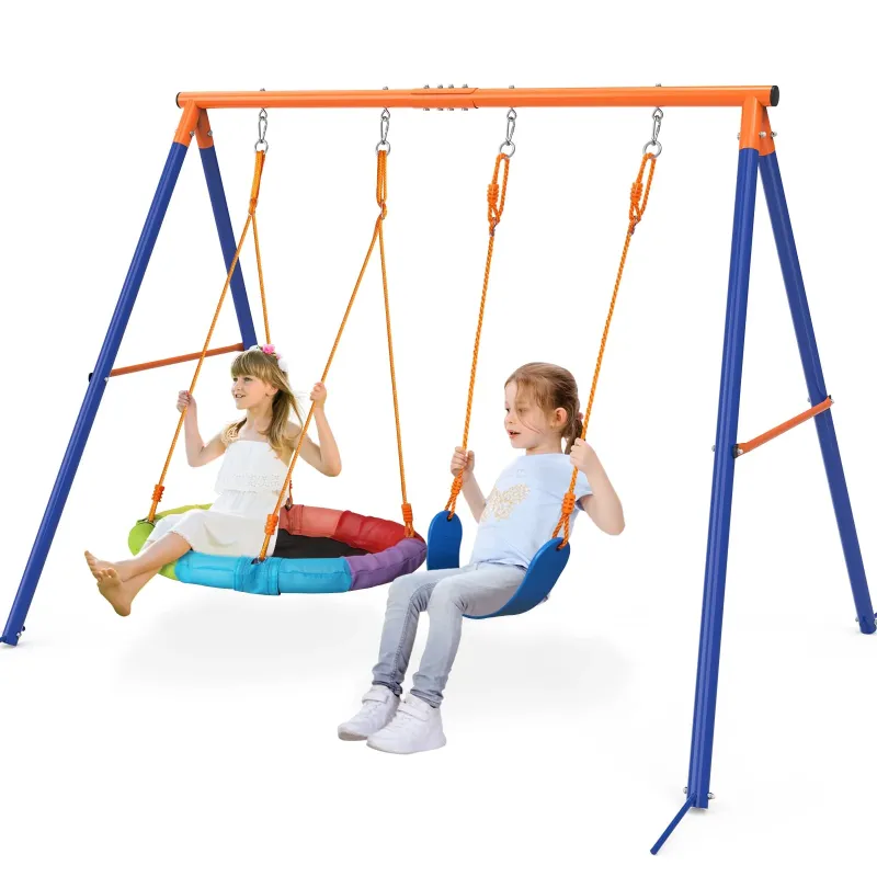 Photo 1 of GIKPAL Swing Set with 1 Saucer and 1 Belt Swing Seat, 440lbs Swing Set for Kids with Heavy Duty A-Frame Metal Swing Stand for Backyard and Playground