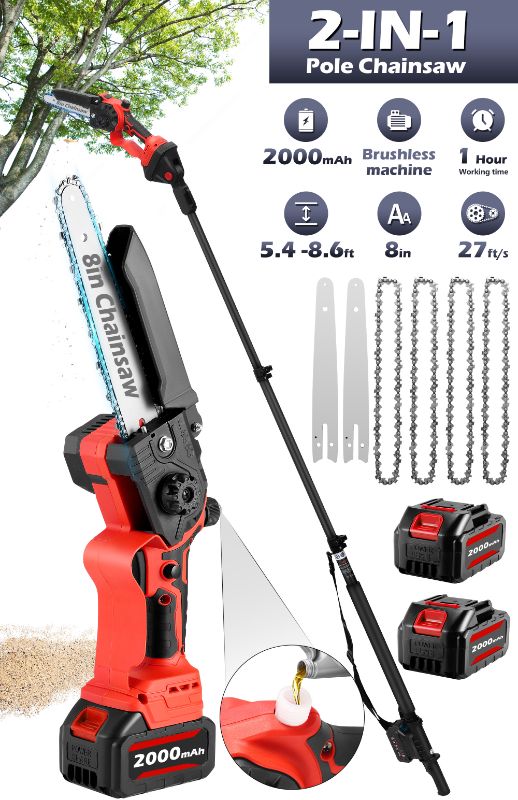 Photo 1 of RELOIVE 2-in-1 Cordless Pole Saw & 8" Electric Mini Chainsaws , 2.0 Ah Battery-Powered Brushless Pole Chainsaw ,8.6 feet Max Reach for Tree Trimming
