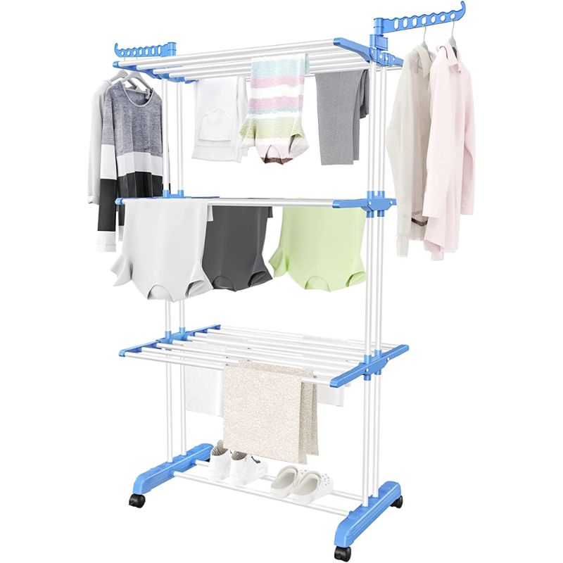 Photo 1 of 4-Tier Clothes Drying Rack W/Casters, Foldable Laundry Drying Rack, Dryer Hanger Rack for Clothes, Clothing Rack for Drying, Movable Drying Rack for Indoor Outdoor Bedroom Balcony, Blue
