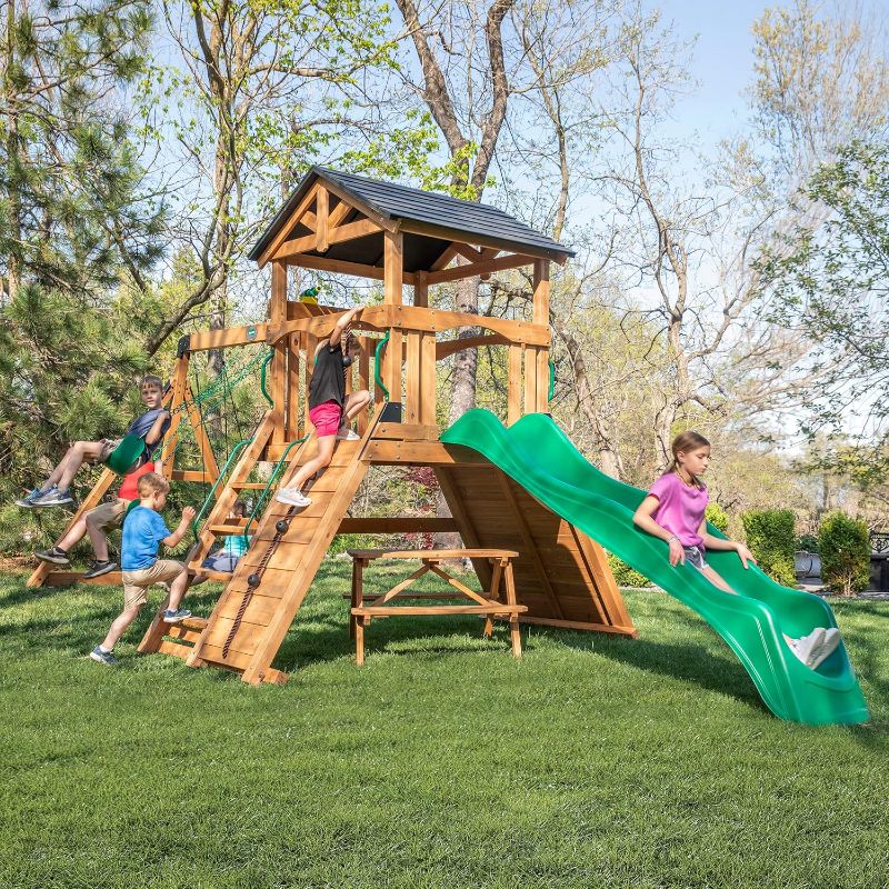 Photo 1 of Backyard Discovery Endeavor II All Cedar Wood Swing Set Playset for Backyard with Wave Slide Climbing Wall with Rope Picnic Table Double Wide Rock Wall 2 Belt Swings and 1 Web Swing Gift for Ages 3-10 ( 3 of 4 slide missing ) 