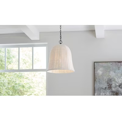Photo 1 of (2 PACK Bundle) allen + roth Elizabeth Black Canopy with White Rattan Shade Modern/Contemporary Bell Hanging Pendant Light