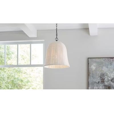 Photo 1 of (2 Pack Bundle) allen + roth Elizabeth Black Canopy with White Rattan Shade Modern/Contemporary Bell Hanging Pendant Light