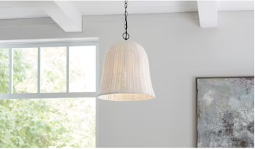 Photo 2 of (2 Pack Bundle) allen + roth Elizabeth Black Canopy with White Rattan Shade Modern/Contemporary Bell Hanging Pendant Light & Bell Hanging Pendant Light Bundle 