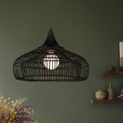Photo 1 of (2 Pack Bundle) allen + roth Elizabeth Black Canopy with White Rattan Shade Modern/Contemporary Bell Hanging Pendant Light & Bell Hanging Pendant Light Bundle 