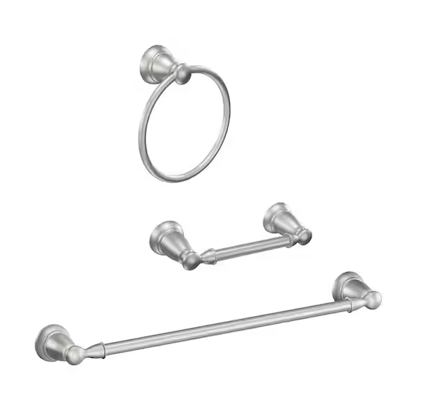 Photo 1 of Banbury 3-Piece Bath Hardware Set with 24 in. Towel Bar, Toilet Paper Holder, and Towel Ring in Brushed Nickel