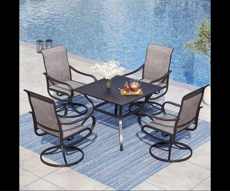 Photo 1 of Black 5-Piece Metal Square Patio Outdoor Dining Set with Slat Table and Textilene Swivel Chairs