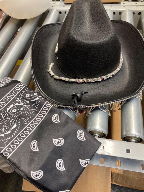 Photo 3 of *** Diamond strip needs to be reglued ****Pasimy Rhinestone Cowgirl Cowboy Hat and Bachelorette Bandanas Set Bling Diamond Fringe Hat for Women Men Cosplay Costume Black