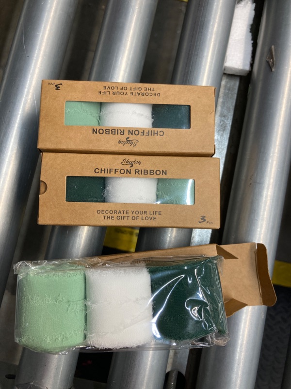 Photo 1 of ***Bundle of 3***Chiffon Ribbon Fringe Fabric Ribbons 3 Rolls 1.5" Wide x 7 Yd Dusty Bule Ribbons Set for Wedding Decor, Gift Wrapping, Bridal Bouquets, Handmade Crafts Green & White