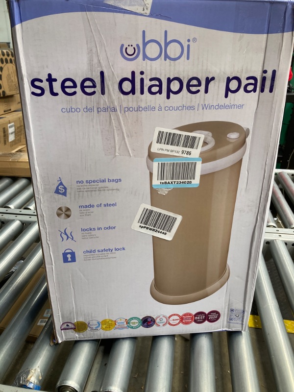 Photo 6 of ***side has dents ***Ubbi Steel Odor Locking, No Special Bag Required Money Saving, Awards-Winning, Modern Design Registry Must-Have Diaper Pail, Taupe