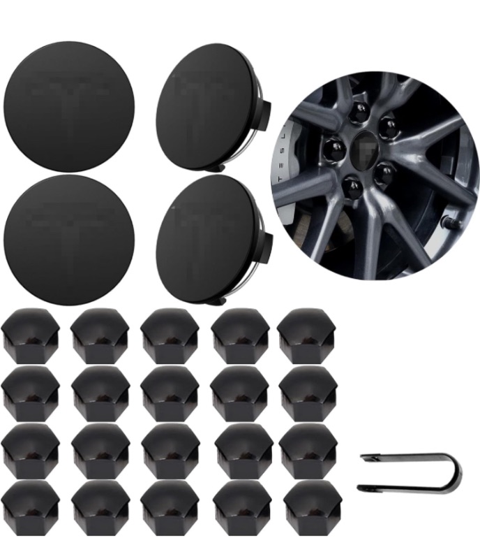 Photo 1 of KENPENRI Aerodynamic Wheel Cap Kit Compatible with Tesla 3, Y, S & X - 4 x Center Cap Set & 20 Wheel Lug Nut Cover - Matte Black