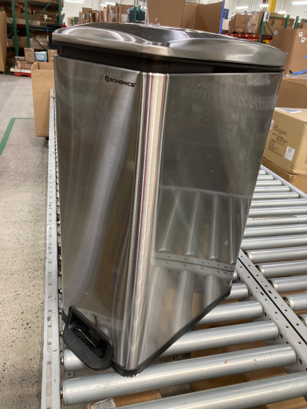 Photo 2 of *** pedal is broken **SONGMICS Slim Trash Can, 12.7 Gallon Garbage Can for Narrow Spaces with Soft-Close Lid, Inner Bucket, and Step-on Pedal, Stainless Steel,  Silver ULTB510E48