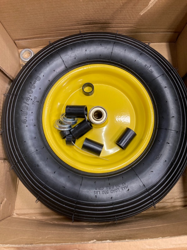 Photo 2 of Upgrade 4.80/4.00-8 Wheelbarrow Tire and Wheel, 16" Rubber Pneumatic Wheel, 3" -6" Centered Hub, 5/8" & 3/4" Bearings, for Hand Truck, Trolley, Garden Cart, Wagons