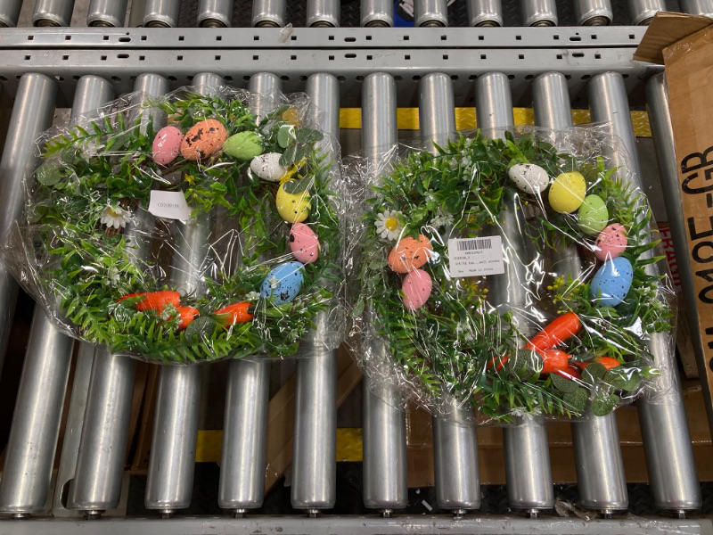 Photo 2 of ****Bundle of 2***AFRITEE Easter Front Door Wreath - 13 inch Handmade Green Spring Floral Wreath Garland with Colorful Eggs Carrot Hanging On Decoration for Home Front Door Outdoor Wall Window Eggs Wreath Wreath