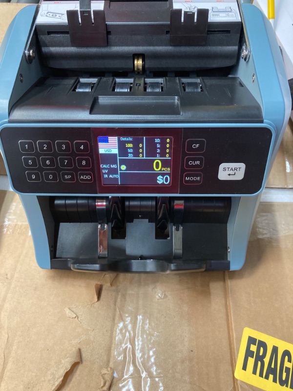 Photo 3 of MUNBYN Money Counter Machine Blue, Count Value of Bills, UV/IR/MG/DD Detection, Add with Batch Mode Cash Counting Machine, Vertical Design, 1200 Bills/Min Speed (Old Version)