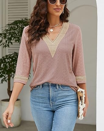 Photo 1 of Women's Casual 3/4 Sleeve Shirts Lace V Neck Color Block Tops Trendy Hollow Floral Blouses Loose Dressy T Shirts Small pink 