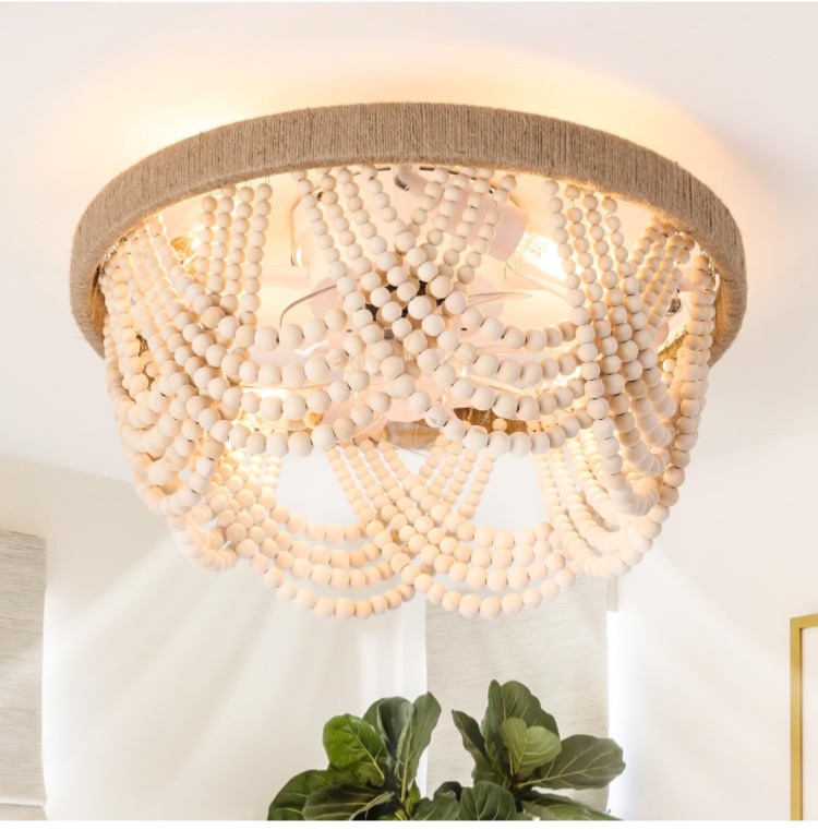 Photo 1 of 20 Inch Boho Ceiling Fan with Light, Bohemian Flush Mount Ceiling Fans with Lights and Remote Control Low Profile, Wood Beaded with 6 Speeds for Living Room Bedroom