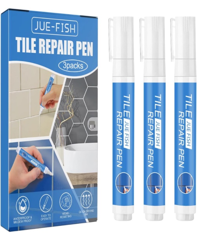 Photo 1 of Grout Repair Sealer Paint Pen, Waterproof Caulking Grout Paint Pen, White Tile Grout Paint Pens, Narrow 2-5mm, for Floor, Kitchen & Bathroom Shower Tiles 3 Pack