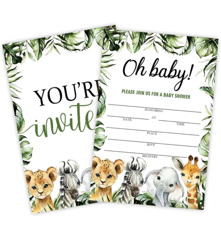 Photo 1 of Baby Shower Invitations - Oh Baby! Greenery Animals Theme Baby Shower Invite Cards - 25 Double-Sided Fill In Style Invites With Envelopes - Gender Reveal Party Decorations & Supplies -BBYQ-A07