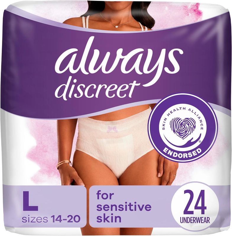 Photo 1 of 
Always Discreet Sensitive, Incontinence & Postpartum Underwear for Women, Maximum Plus Protection, Large, 24 Count (Packaging May Vary)