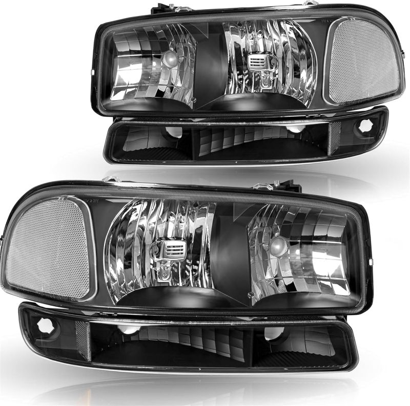 Photo 1 of 4PCS Headlight Assembly for 1999-2006 GMC Sierra 1500 2500 3500 00-06 GMC Yukon XL with Park Signal Light Black Housing Clear Reflector NOT FIT DENALI MODEL ***has 1 broken mounting tab, can be fixed***