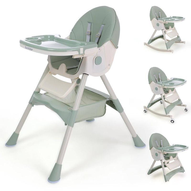Photo 1 of 4 in1 Foldable High Chair for Babies and Toddlers, Convertible High Chair with Removable Tray, Safety Belt, Footrest and Wheels, Green