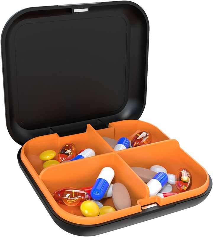 Photo 1 of *** BUNDLE OF 3 *** Pill Box Portable Pill Dispensing Box, Travel Portable Pill Box, 4-Compartment Daily Portable Pill Organizer, Suitable for Vitamins, Medicines, Fish Oil (Black+Orange)