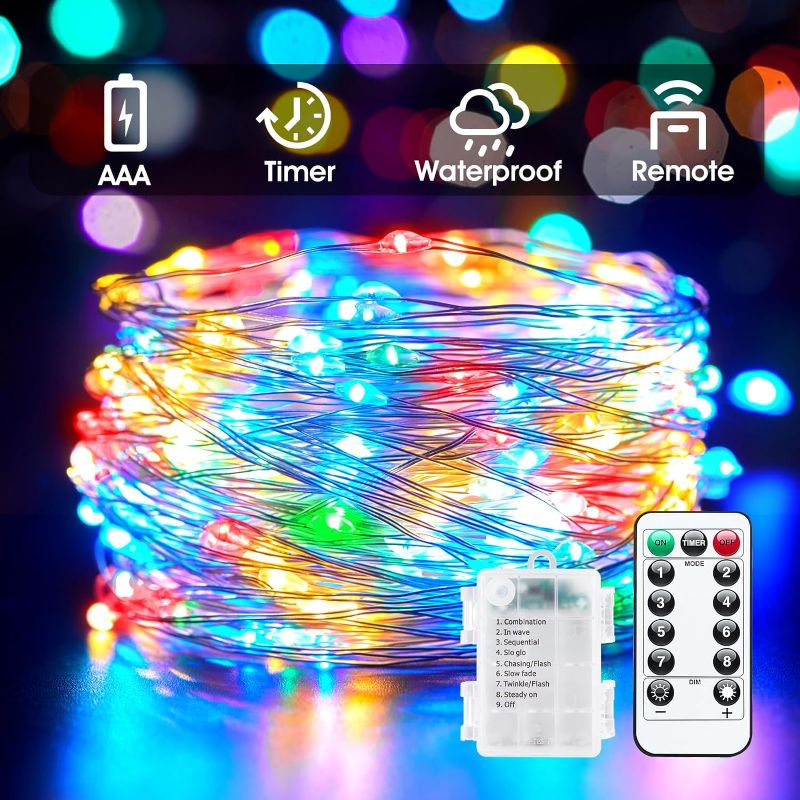 Photo 1 of *** BUNDLEO F 3 *** 33Ft 100LED Outdoor String Lights, Fairy Lights Battery Operated with Remote, Waterproof Twinkle Lights for Bedroom Dorm Patio Tapestry Backyard Garden Party Indoor Christmas Decoration, Multicolor