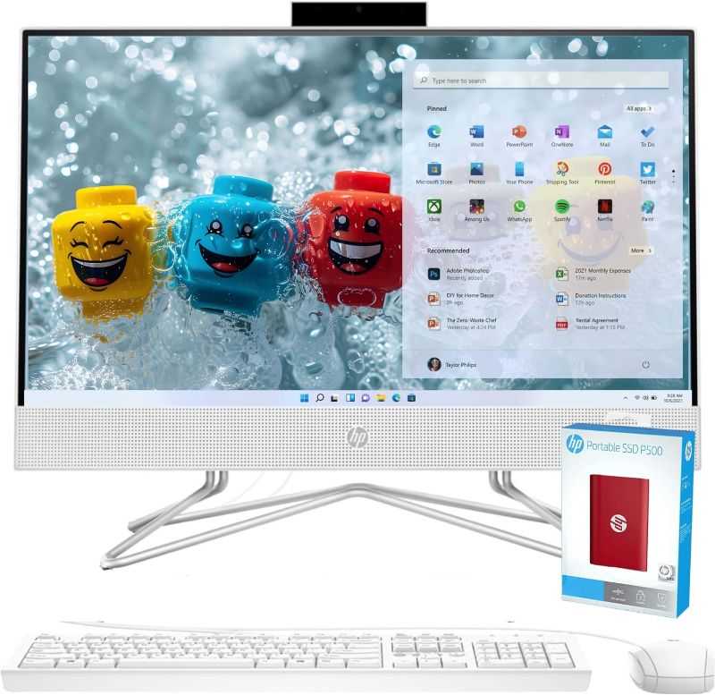 Photo 1 of HP Newest All-in-One Desktop, 21.5" FHD Display, 12GB RAM, 1TB Storage (512GB SSD with P500 500GB External SSD), Intel Dual-Core Processor, Webcam, HDMI, Bluetooth, Mouse and Keyboard, Windows 11