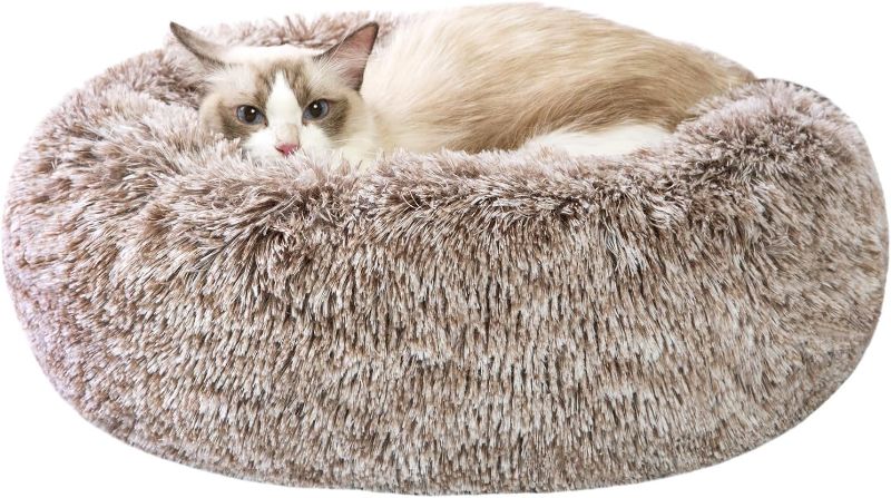 Photo 1 of *** COLORS/PATTERN VARIES *** CATBOAT 23'' Calming Dog Cat Bed - Indoor Washable Donut Dog Bed with Fluffy Faux Fur Plush, Round Anti Anxiety Pet Bed, Warming Cuddler Cushion Bed for Small Medium Dogs and Cats Kittens Puppy, Brown