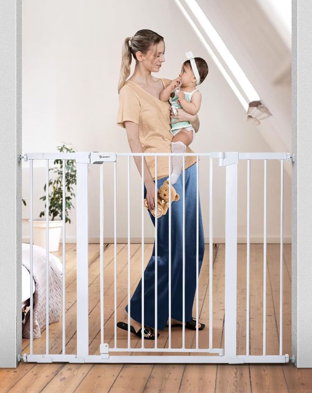 Photo 1 of COMOMY 36" Extra Tall Baby Gate for Stairs Doorways, Fits Openings 29.5" to 48.8" Wide, Auto Close Extra Wide Dog Gate for House, Pressure Mounted Easy Walk Through Pet Gate with Door, White