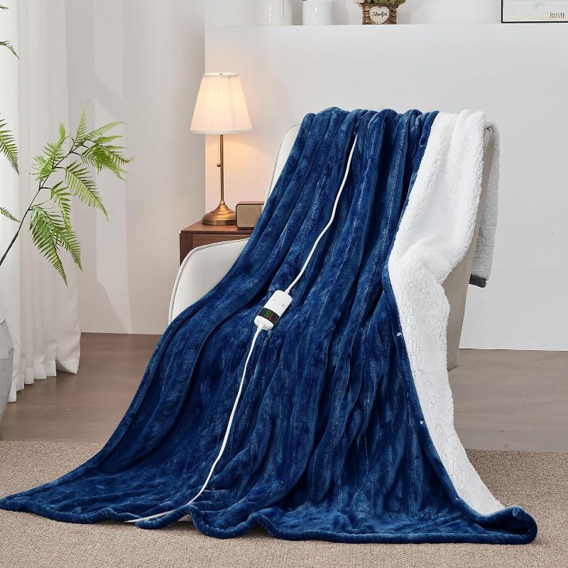 Photo 1 of *** TAG MISSING FROM BLANKET *** Electric Heated Blanket Heating Full 62"X 84",Thick Soft Warming Plush Electric Lap Sherpa Blanket for Adults with 5-Position Timer &10 Heating Levels,Machine Washable(Blue)