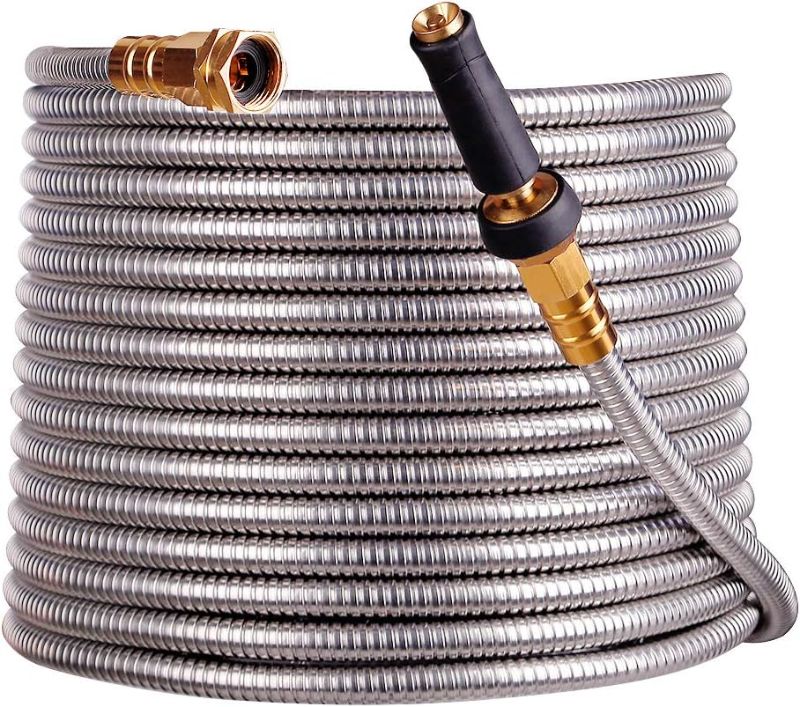 Photo 1 of 25’304 Stainless Steel Garden Hose with Free Removable Brass Nozzle Lightweight Metal Hose - Portable Durable and Resistant to Knots, Tangles and Punctures (25)