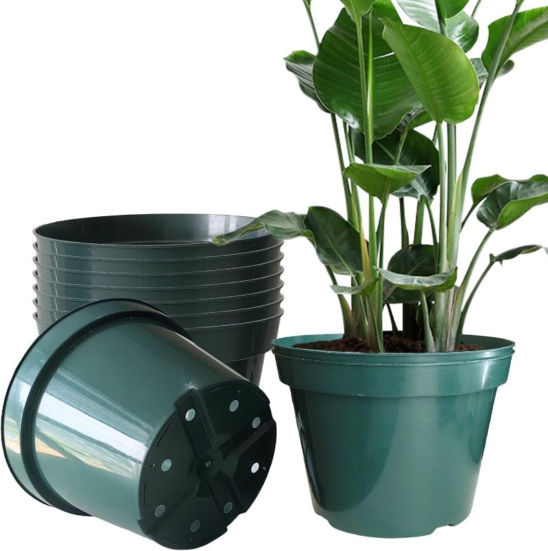 Photo 1 of 10 Pack Plastic Planter Pots, 10 Inch Thick Plant Pots with Multiple Drainage Holes, Pots for Plants Such as Herbs Strawberry and Flowers, Green Growing Planters for Outdoor Plants or Indoor (Green)